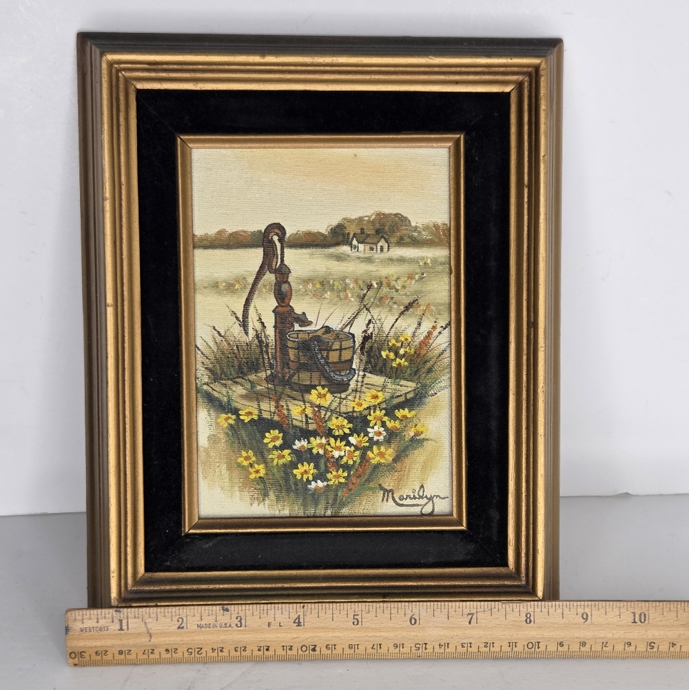 VTG Landscape Oil Painting Countryside Water Well Yellow Daisies Framed Marilyn - Picture 5 of 8